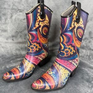 Groovy Psychedelic Print Cowboy Rain Boots Colorful Western Style Funky‎